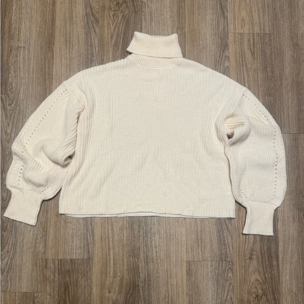 Pink Lily Cream Cowl Turtleneck Sweater with Balloon Sleeves